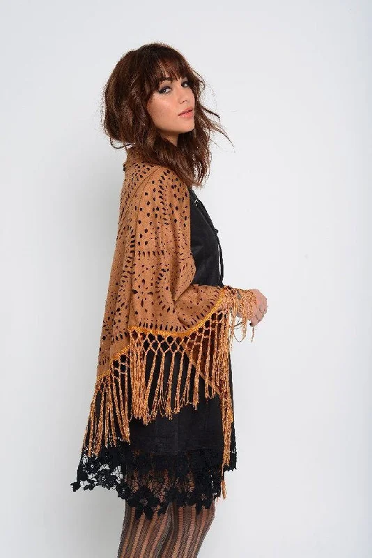 Muche et Muchette Jagger Cut Out Faux Suede Shawl with Fringe in Cognac Stylish Knit Shawl Wrap Muche et Muchette Jagger Cut Out Faux Suede Shawl with Fringe in Cognac Stylish Knit Shawl Wrap
