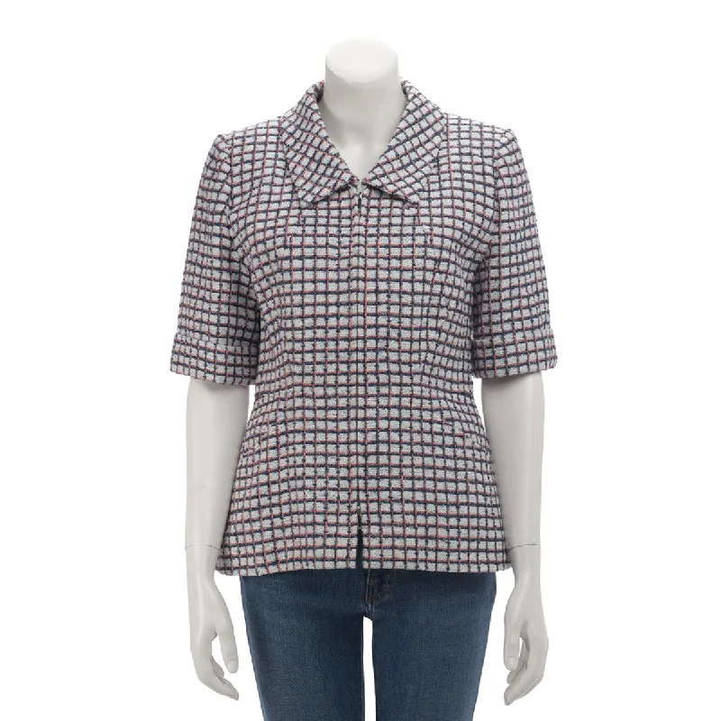 Chanel Pink & Blue Check Tweed Short Sleeve Jacket FR 40 Cotton Jacket Linen Jacket Terry Jacket