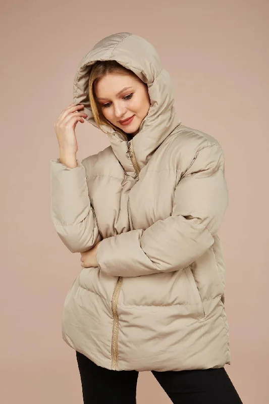 Women's Cream Hooded Down Jacket Front Pockets Side Pockets Patch Pockets