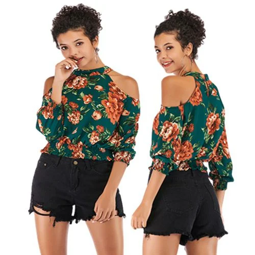 Sexy Off-the-shoulder Round Neck Spring Slim Print Jacket Women Chiffon Shirt Blouses Mesh Jacket Canvas Jacket Denim Jacket