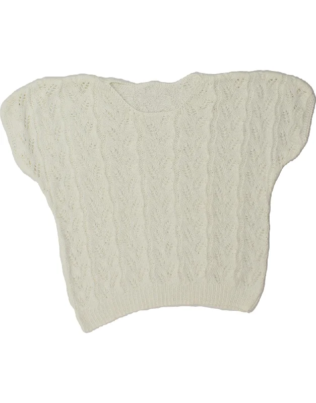 VINTAGE Womens Short Sleeve Boat Neck Jumper Sweater UK 14 Large White Oversized Loose Flowy