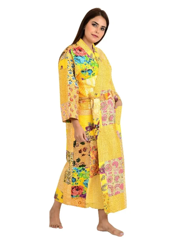 Kantha Stitch 100% Cotton Reversible Long Kimono Women Jacket | Handmade Stitch Robe | Unisex Gift | Yellow Patchwork Print Knit Fabric Woven Fabric Fleece Fabric