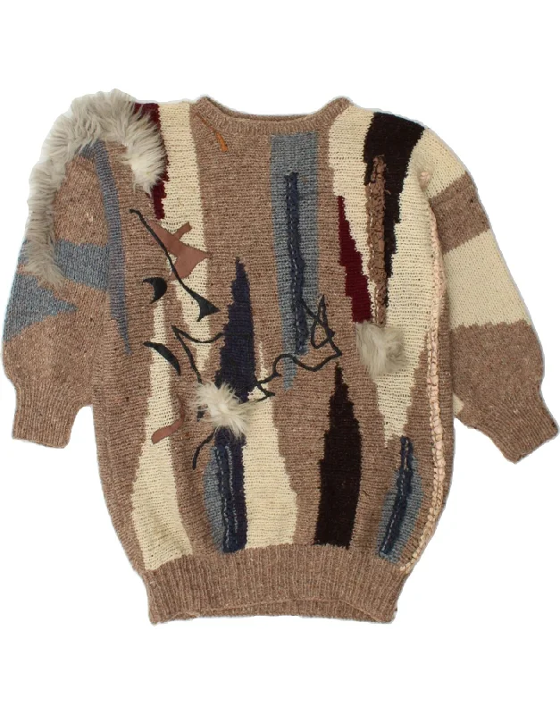 VINTAGE Womens Boat Neck Jumper Sweater UK 18 XL Brown Colourblock Anti-Pilling Anti-Shrink Durable