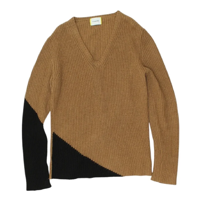 Iceberg Womens Brown V Neck Knit Jumper | Vintage High End Designer Sweater VTG Anti-Pilling Anti-Shrink Durable