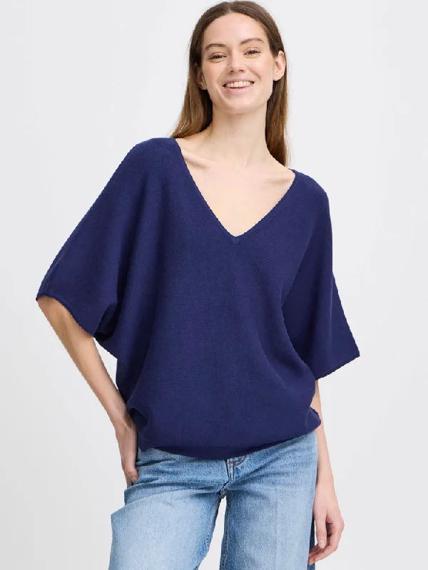 B Young ByMMOrla V-Neck Jumper Medieval Blue Hooded Caped Shawl Collar