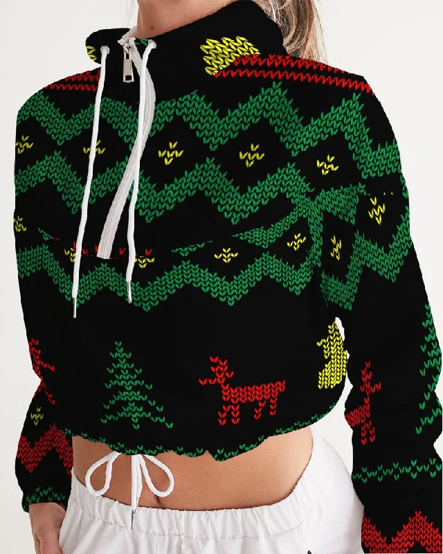 Christmas Merry Sweatshirt (Sweater) Black Women's Cropped Windbreaker Hoodie with Stripes Bold Sporty