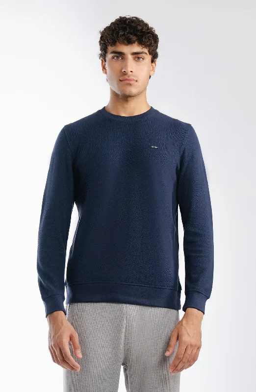 Jumbo Tuck Sweatshirt - Navy Blue Hoodie with Hem Fringe Bohemian Relaxed