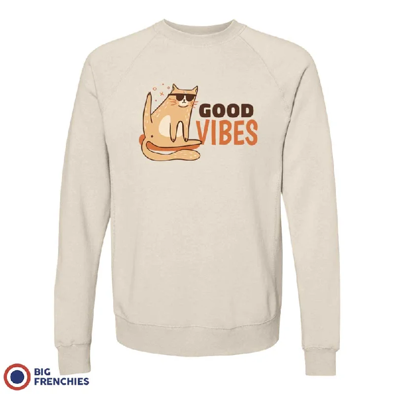 Good Vibes Cat Unisex Organic Cotton Sweatshirt Hoodie with Front Slit Layering Stylish