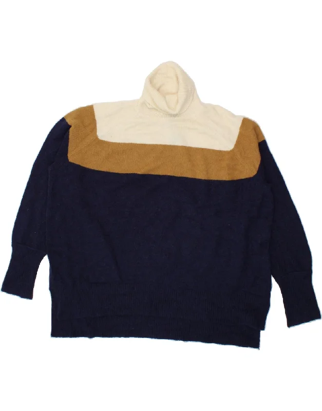J. CREW Womens Roll Neck Jumper Sweater UK 18 XL Navy Blue Colourblock Real Fur Shearling Chenille
