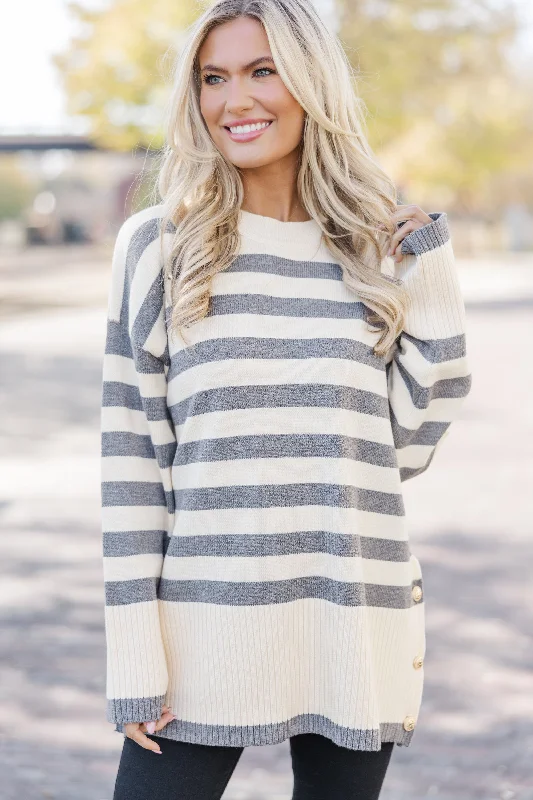 On The Way Up Heather Grey Striped Sweater Glossy Satin Silk