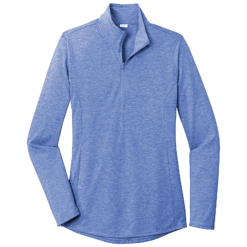Sport-Tek Women's True Royal Heather PosiCharge Tri-Blend Wicking 1/4-Zip Pullover Boat Neck Sweater Sport-Tek Women's True Royal Heather PosiCharge Tri-Blend Wicking 1/4-Zip Pullover Boat Neck Sweater