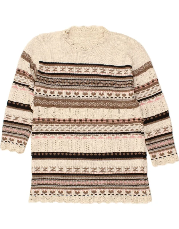 VINTAGE Womens Crew Neck Jumper Sweater UK 14 Medium White Fair Isle Embroidered Appliqued Beaded