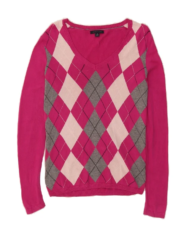 TOMMY HILFIGER Womens V-Neck Jumper Sweater UK 6 XS Pink Argyle/Diamond Solid Print Embellished