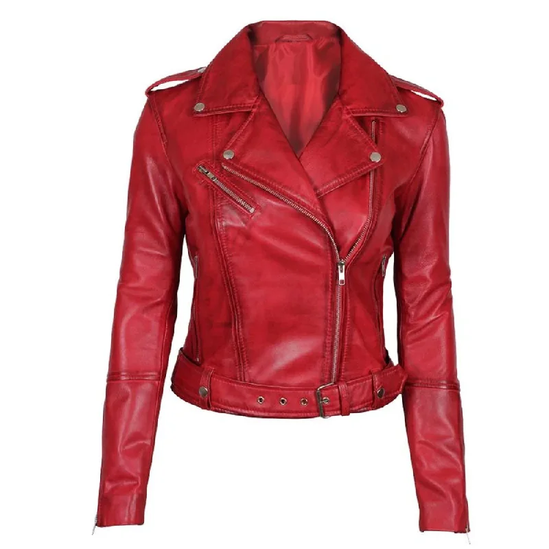 Stylish Women Red Leather Biker Jacket Notch Collar Peter Pan Collar Cowl Neck