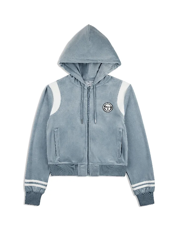 Veneto Velour Zip-Up Hoodie- Celestial Blue Hoodie with Zipper Placket Modern Functional