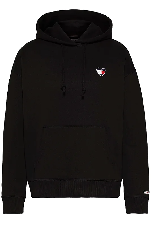 Tommy Hilfiger Women Heart Flag Hoodie Black Hoodie with Hem Lace Feminine Delicate