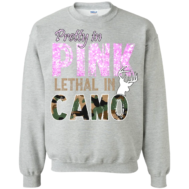 "Pretty In Pink. Lethal In Camo" Gildan Crewneck Pullover Sweatshirt 8 oz. Shirred Sleeve Feminine "Pretty In Pink. Lethal In Camo" Gildan Crewneck Pullover Sweatshirt 8 oz. Shirred Sleeve Feminine
