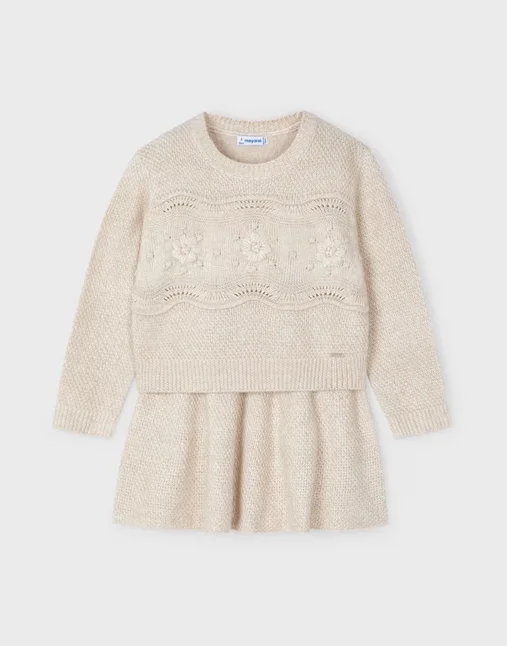 4935 Mini Girls Tricot Skirt and Sweater Set - Sand Toggled Drawstring Belted