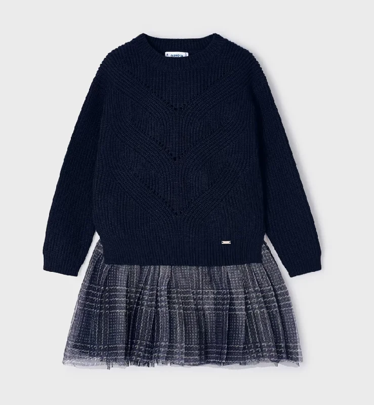 4915 Mayoral Mini Girls Dressy 2PC Sweater & Tulle Tank Dress - Navy Fitted Slim Tailored