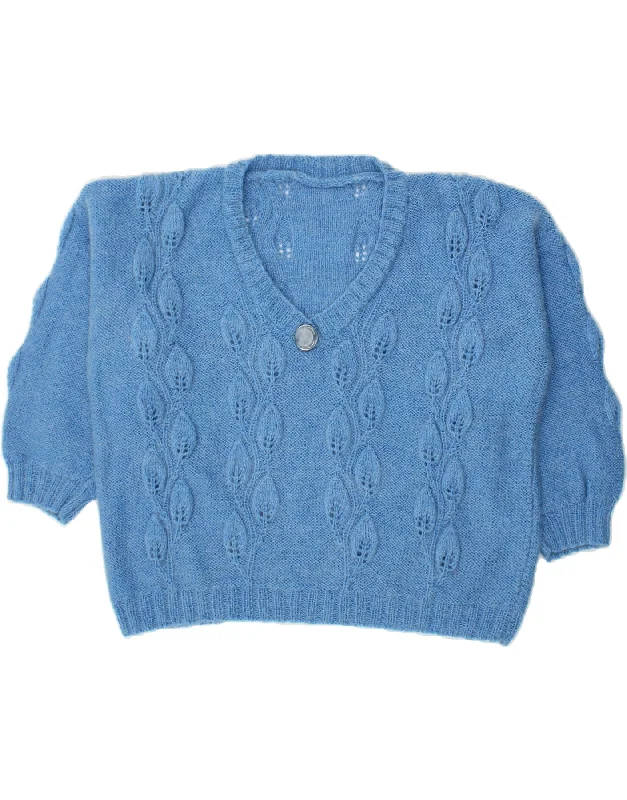 VINTAGE Womens V-Neck Jumper Sweater UK 16 Large Blue Floral Seamless Knitted Crochet