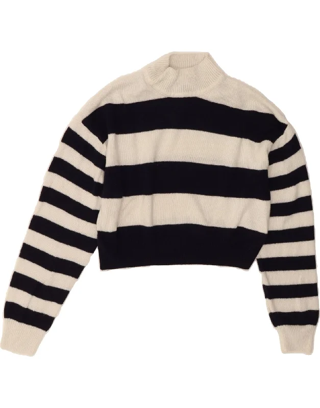 H&M Womens Crop Turtle Neck Jumper Sweater UK 6 XS Navy Blue Striped Elasticated Padded Insulated