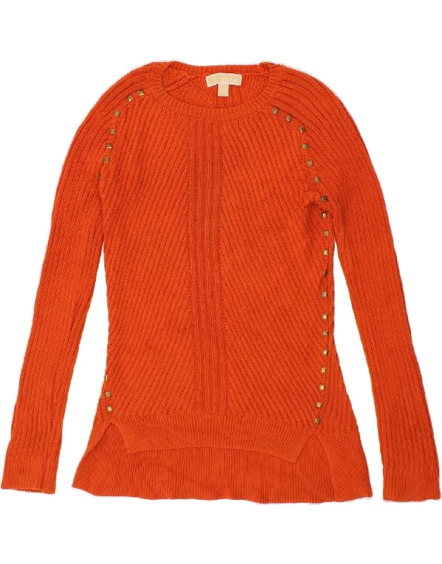 MICHAEL KORS Womens Boat Neck Jumper Sweater UK 14 Medium Orange Cotton Silk Blend Satin Velvet