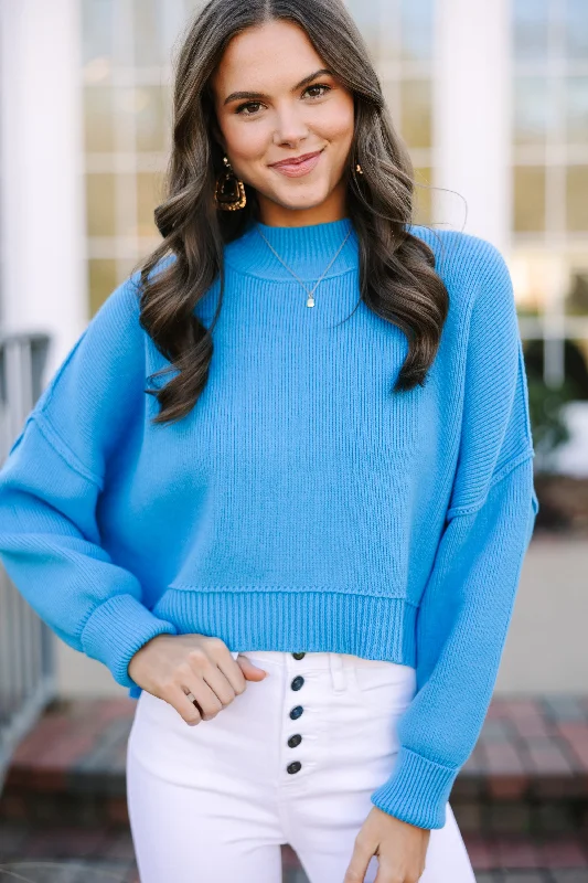 Where I Am Deep Sky Blue Cropped Sweater Graphic Sweater Embroidered Appliqued