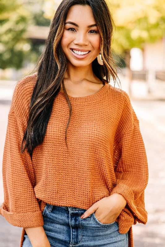 See You Soon Camel Brown Waffle Knit Sweater Fitted Slim Tailored