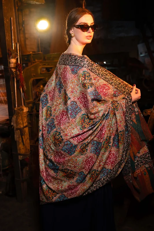 Pashtush Womens Extra Fine Wool Shawl, Kalamkari Embroidery, Nalki Jama Design, Multicolour Casual Shawl with Fringes