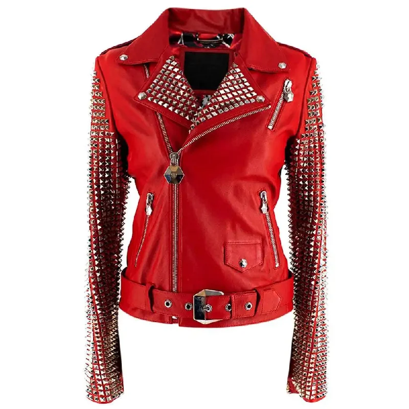 New Women's Red studded Fashion Motorcycle  Leather Biker Jacket Zippered Front Buttoned Front Snap Front