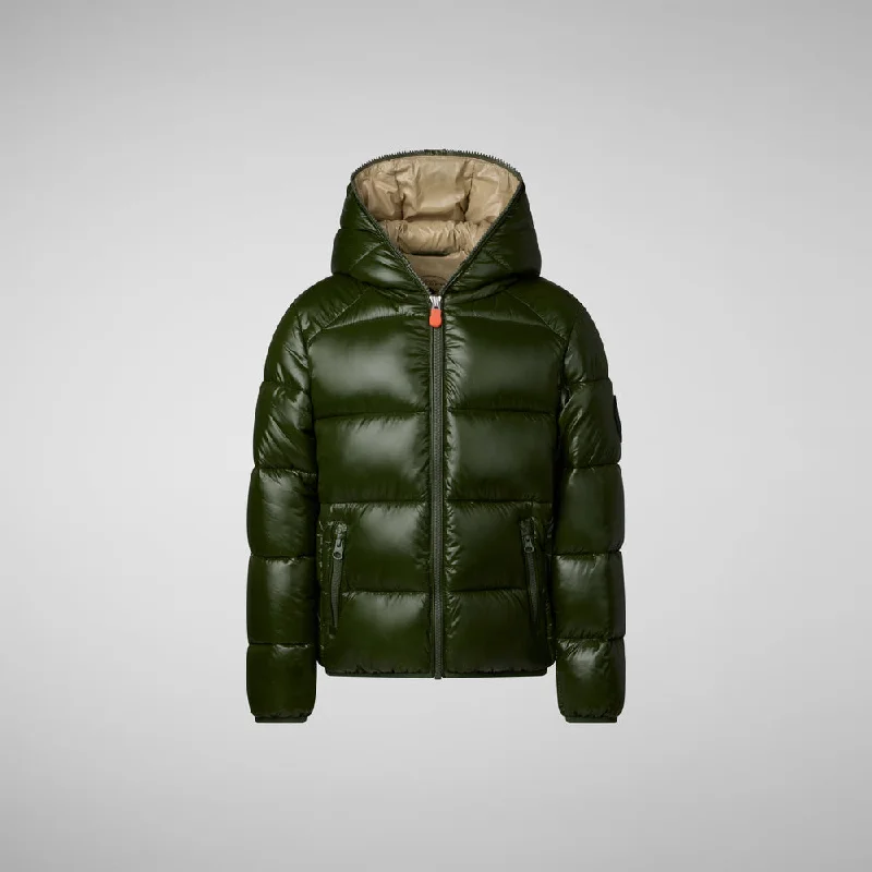 Boy's Artie Hooded Puffer Jacket in Pine Green Welt Pockets Slit Pockets Flap Pockets