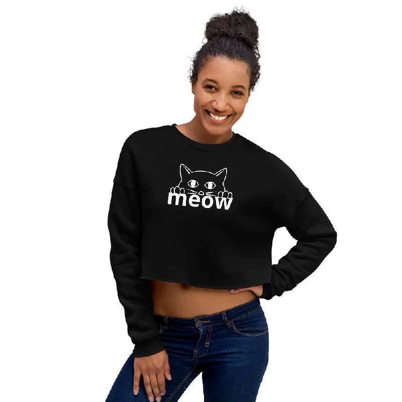 Cat Face Meow Comfortable And Fashionable Cropped Sweatshirt Hoodie with Ribbed Cuffs Snug Fit Comfort