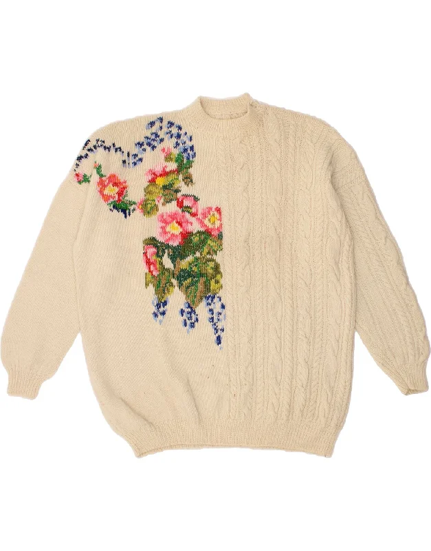 VINTAGE Womens Oversized Turtle Neck Jumper Sweater UK 18 XL Beige Floral Hooded Sweater Collared Sweater Shawl Collar