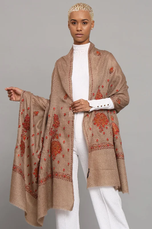 Pashtush Womens Fine Wool Shawl, Kashmiri Embroidery Palla Design, Taupe Stylish Cashmere Shawl Wrap