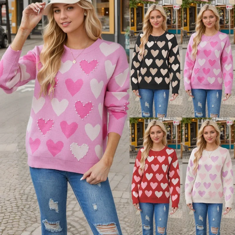 Wholesale Valentine's Day Round Neck Handmade Beaded Peach Heart Pullover Sweater Thick Cable Knit Wholesale Valentine's Day Round Neck Handmade Beaded Peach Heart Pullover Sweater Thick Cable Knit