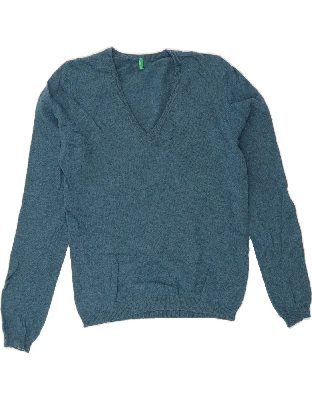 BENETTON Womens V-Neck Jumper Sweater UK 14 Medium Blue Wool Chenille Blend Fleece Blend Nylon Blend