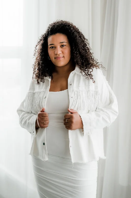 White Plus Size Jean Jacket with Fringe Rayon Fabric Velvet Fabric Corduroy Fabric