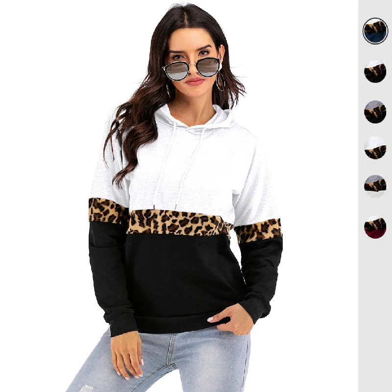 IKEARLAX 2025 Express Autumn and Winter Hooded Long Sleeve Contrast Color Bottom Hooded Sweater Women's  Hot Trade Leopard Print Pullover Hoodie Hoodie with Back Slit Movement Comfort