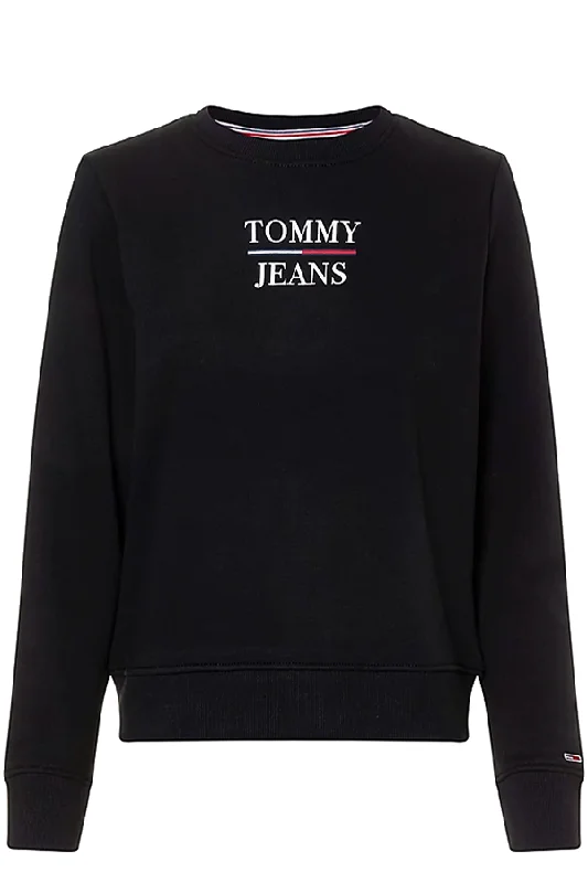 Tommy Hilfiger Women Middle Logo Sweatshirt Black Hoodie with Hem Patch Decorative Personalized