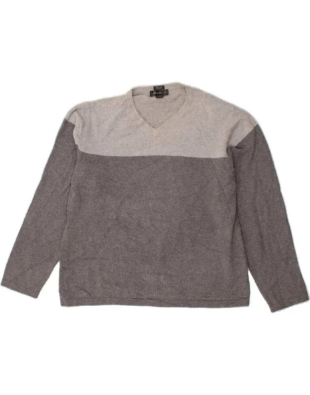 EDDIE BAUER Womens V-Neck Jumper Sweater UK 16 Large Grey Colourblock Striped Floral Plaid