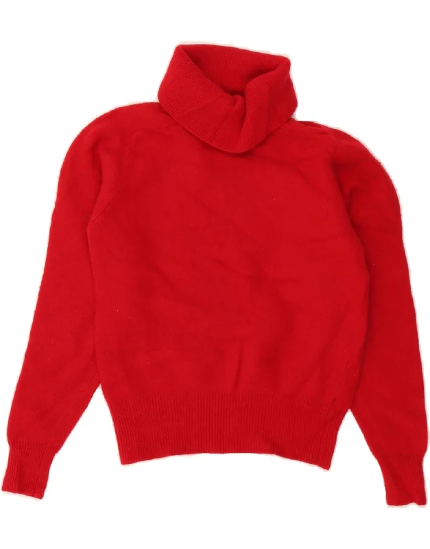L.L.BEAN Womens Crop Roll Neck Jumper Sweater UK 10 Small Red Lambswool Mesh Blend Leather Blend Suede Blend