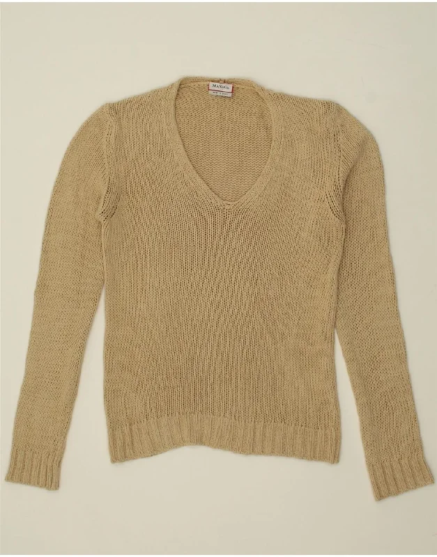 MAX & CO. Womens V-Neck Jumper Sweater UK 12 Medium Beige Fitted Loose Oversized