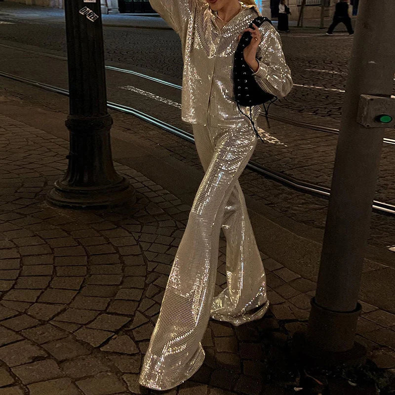 Advbridge Women Lapel Long Sleeve Pullover And Wide Leg Pants Suits Autumn New Party Two Piece Set Fashion Female Shinny Sequin Sets Ribbed Crew Neck Advbridge Women Lapel Long Sleeve Pullover And Wide Leg Pants Suits Autumn New Party Two Piece Set Fashion Female Shinny Sequin Sets Ribbed Crew Neck