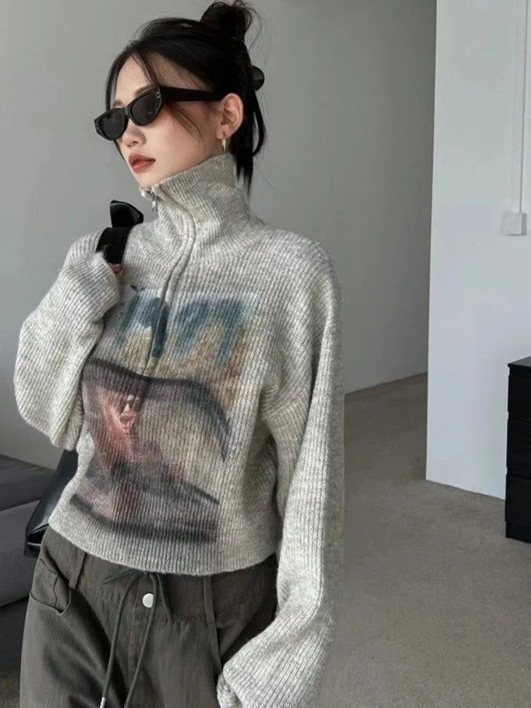 Advbridge Y2k Vintage Knitted Sweaters High Collar Half Zipper Pullover Women Japanese Printed Jumpers Knitwear Autumn All Match Pullovers Boat Neck Sweater Advbridge Y2k Vintage Knitted Sweaters High Collar Half Zipper Pullover Women Japanese Printed Jumpers Knitwear Autumn All Match Pullovers Boat Neck Sweater