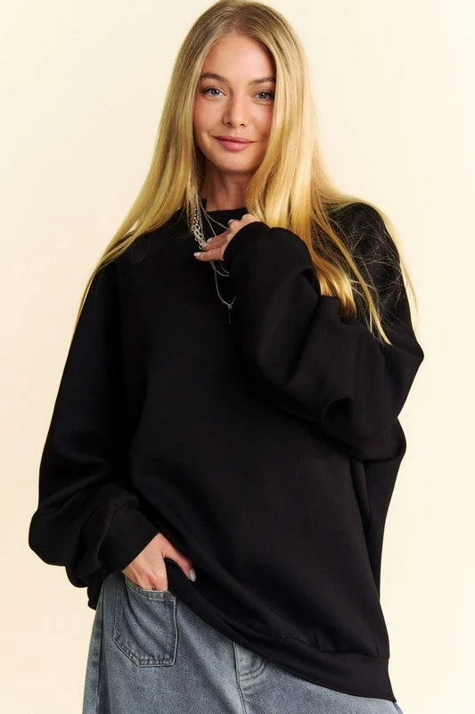 Davi & Dani Round Neck Raglan Sleeve Sweatshirt In Black Hoodie with Button Placket Classic Preppy