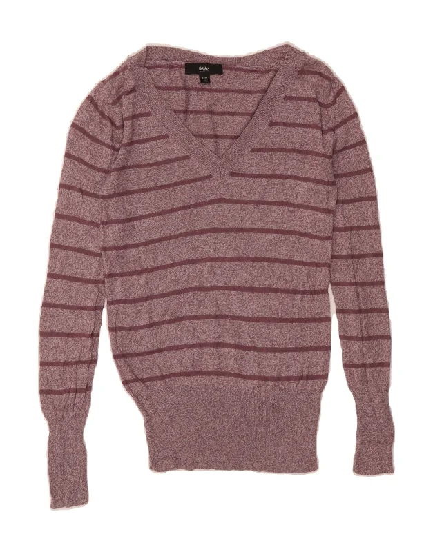 MOSSIMO Womens V-Neck Jumper Sweater UK 6 XS Purple Striped Nylon Oversized Loose Flowy