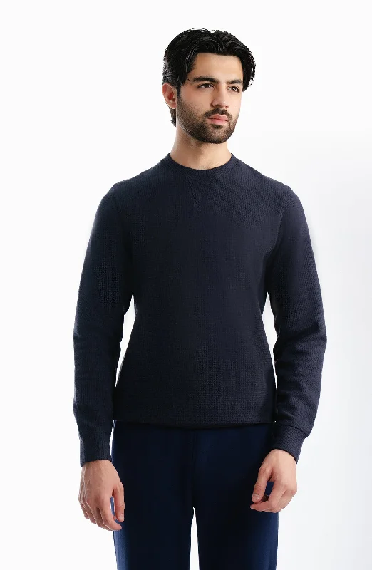 Thermal Sweatshirt Navy Blue Hoodie with Puffed Sleeves Voluminous Trendy