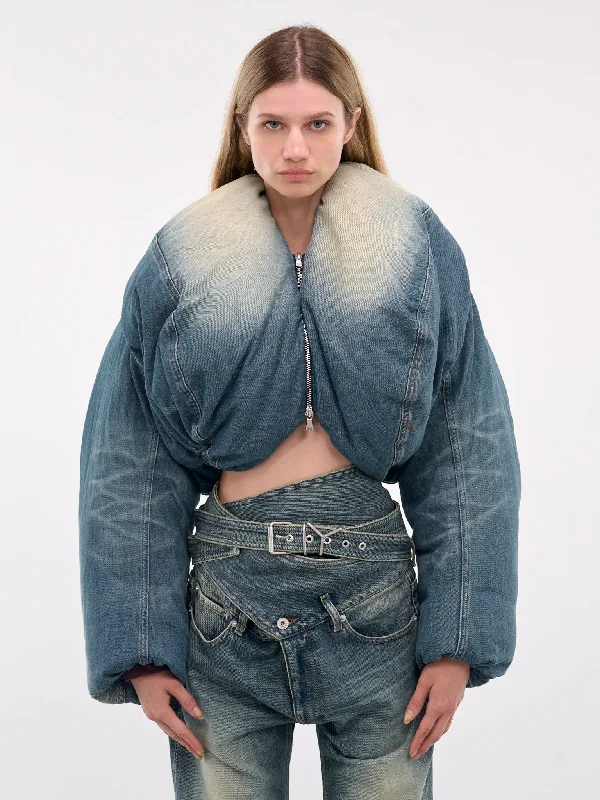 Cropped Puffer Denim Jacket (107JA003-D20-FADED-BLUE) Faux Fur Fabric Real Fur Fabric Shearling Fabric