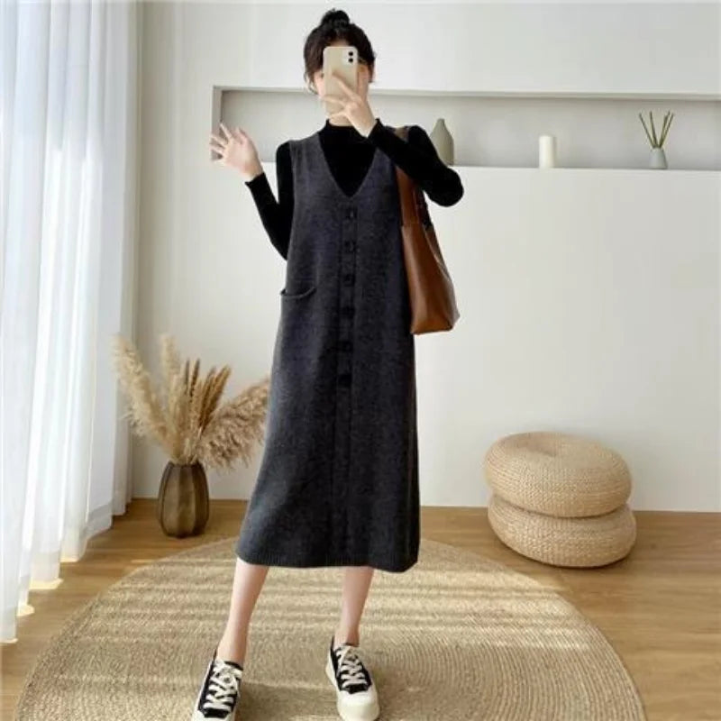 Yipinpay length knitted vest skirt new loose and V-neck sweater 2024 Spring and Autumn Sweater Women Tank Top Dress Vest Female Tops Denim Fabric Leather Fabric Suede Fabric