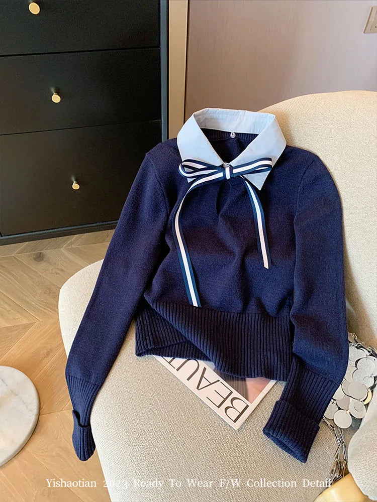 Advbridge Preppy Style Navy Sweater Women Polo Collar Oversized Knitted Pullover Loose Korean Fashion Casual Slim Bow Jumper Spring Summer Faux Fur Trim Advbridge Preppy Style Navy Sweater Women Polo Collar Oversized Knitted Pullover Loose Korean Fashion Casual Slim Bow Jumper Spring Summer Faux Fur Trim